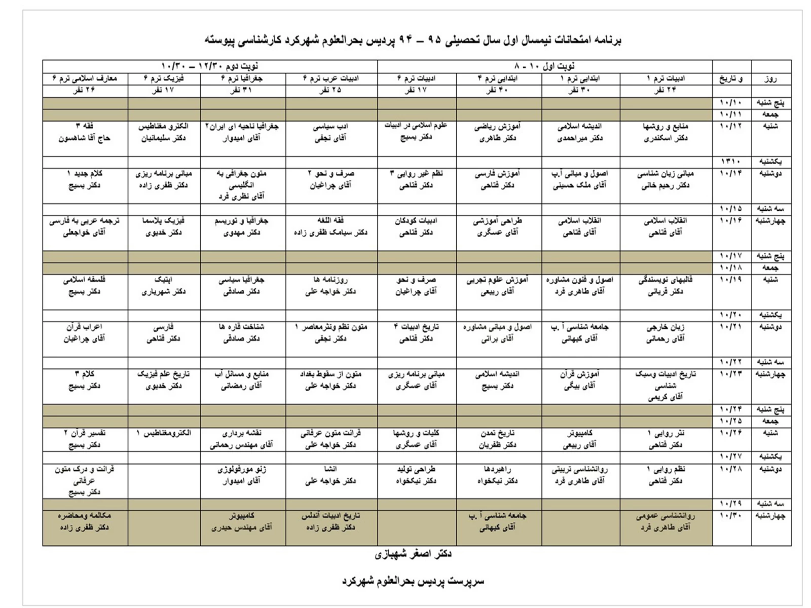 برنامه امتحانات نیمسال اول سال تحصیلی 95 – 94 پردیس بحرالعلوم شهرکرد کارشناسی پیوسته 3