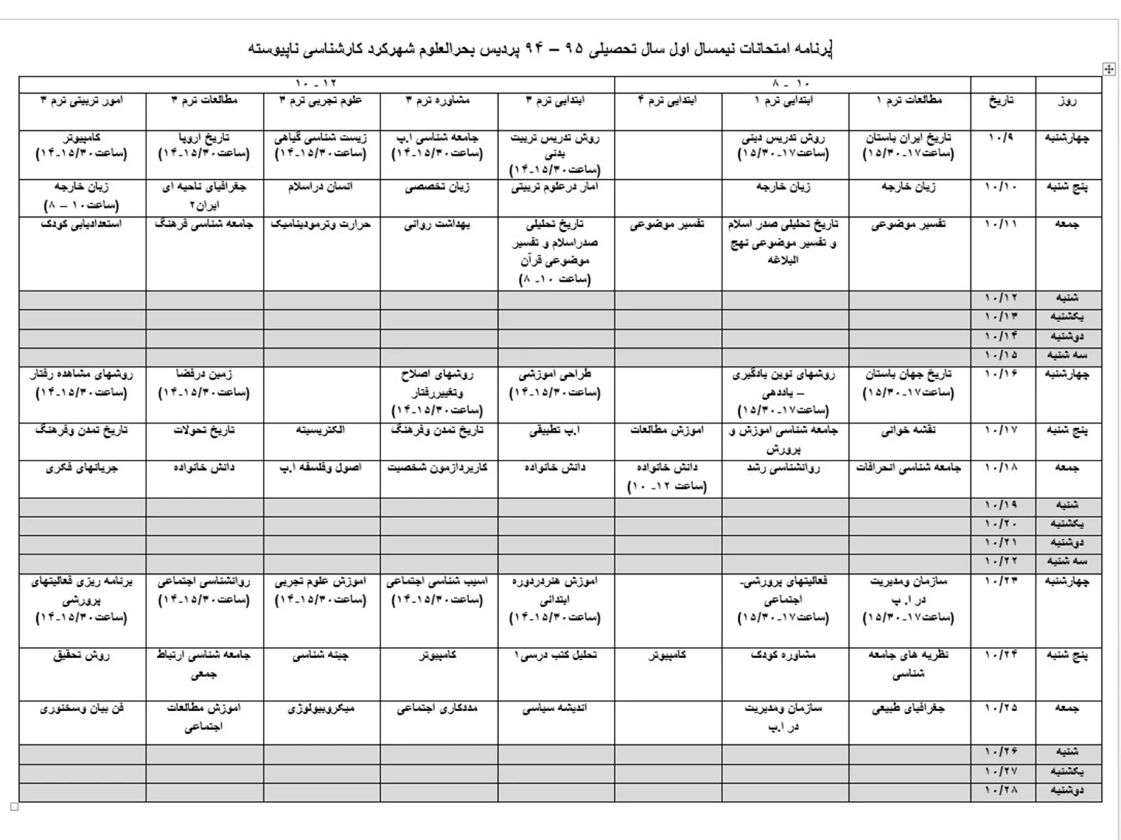 برنامه امتحانات نیمسال اول سال تحصیلی 95 – 94 پردیس بحرالعلوم شهرکرد کارشناسی ناپیوسته 3
